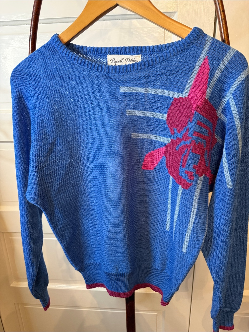 Vintage Papell Petites Blue Graphic Knit Sweater Artsy Novelty Knit PS